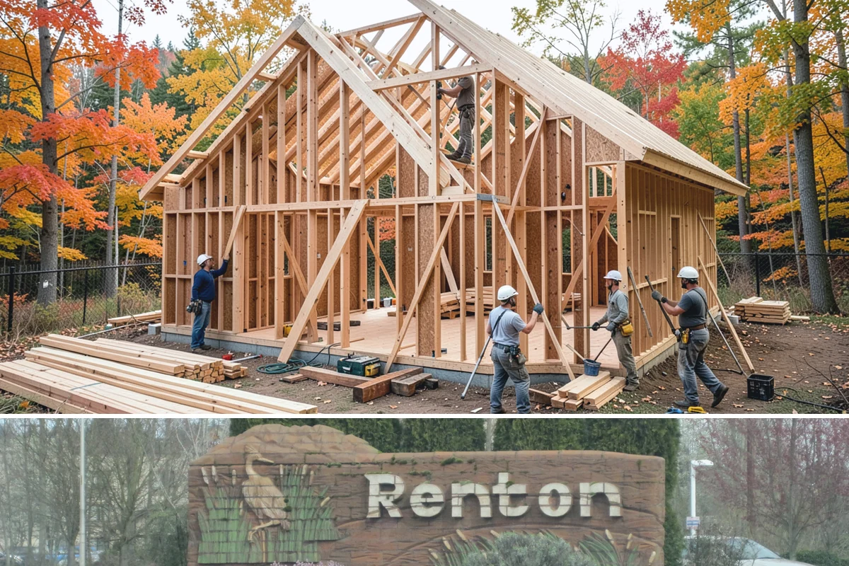 Stone Fireplace Installation in Renton, King County, WA - Interior stone fireplace work proceeds year-round, making it a rewarding project during the long rainy season.