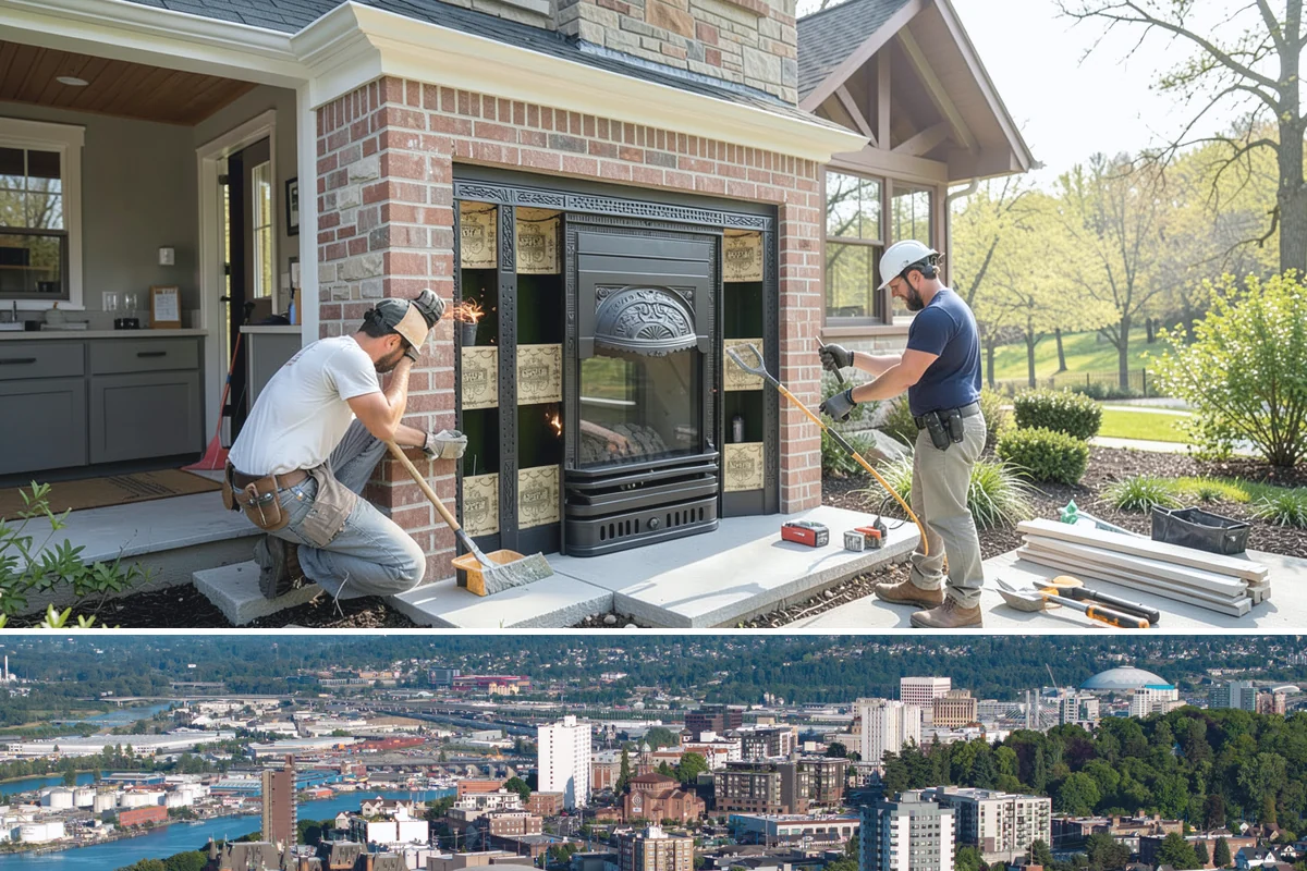 Stone Fireplace Installation in Tacoma, Pierce County, WA - Interior stone fireplace work proceeds year-round, making it a rewarding project during the long rainy season.