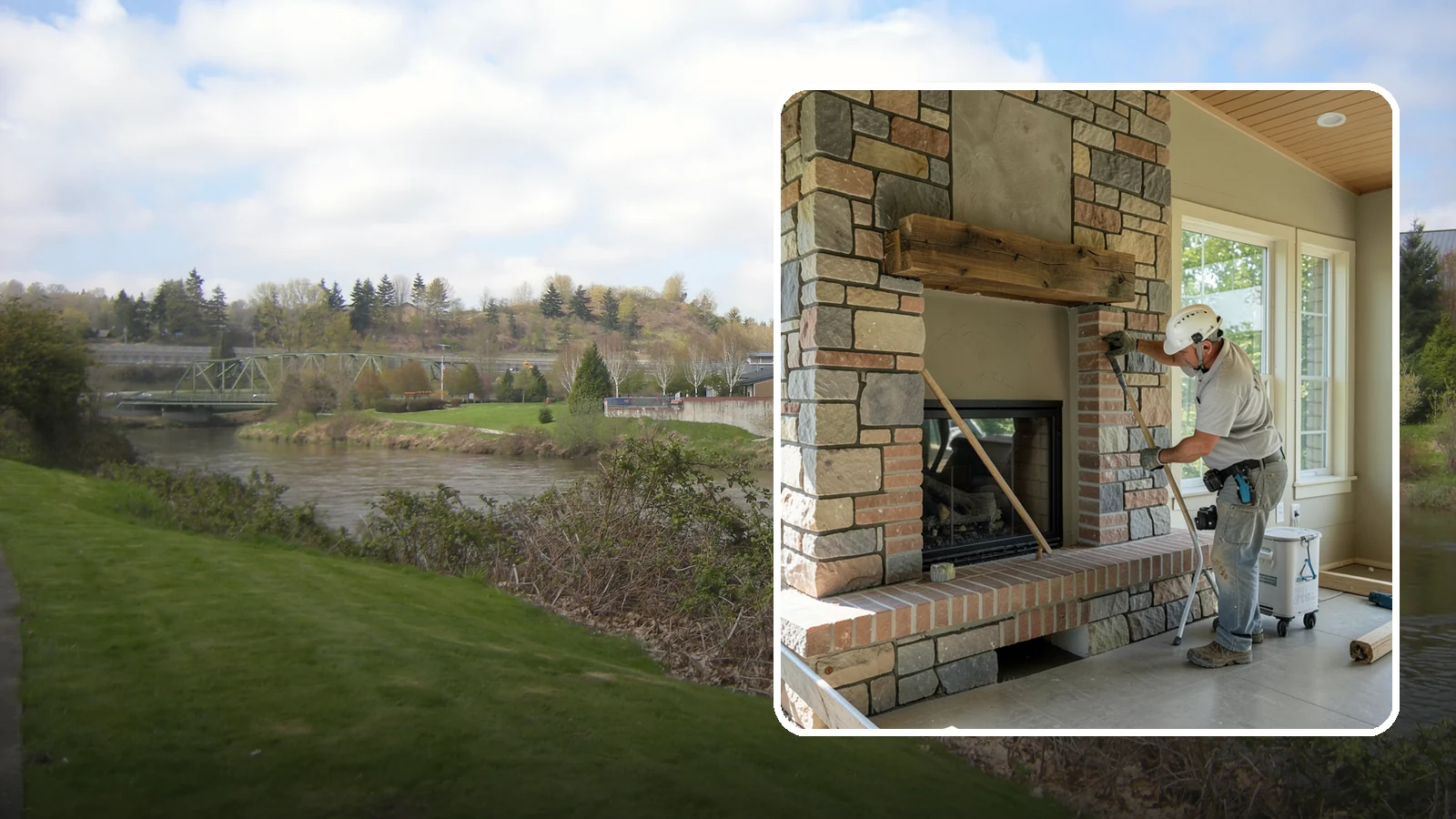 Stone Fireplace Installation in Tukwila, King County, WA - Full stone fireplace faces that bring natural texture and Northwest lodge character home.