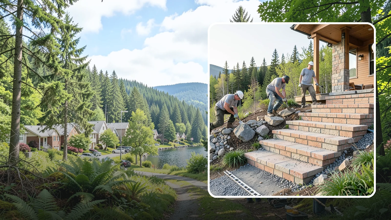Stone Steps Construction in Lake Forest Park, King County, WA - Setting natural stone steps that bring rugged Northwest character and lasting strength to your landscape or entry.