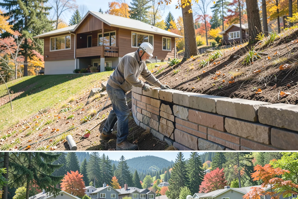 Stone Wall Construction in Fircrest, Pierce County, WA - We build stone walls in the drier months so mortar and footings set without rain disruption.