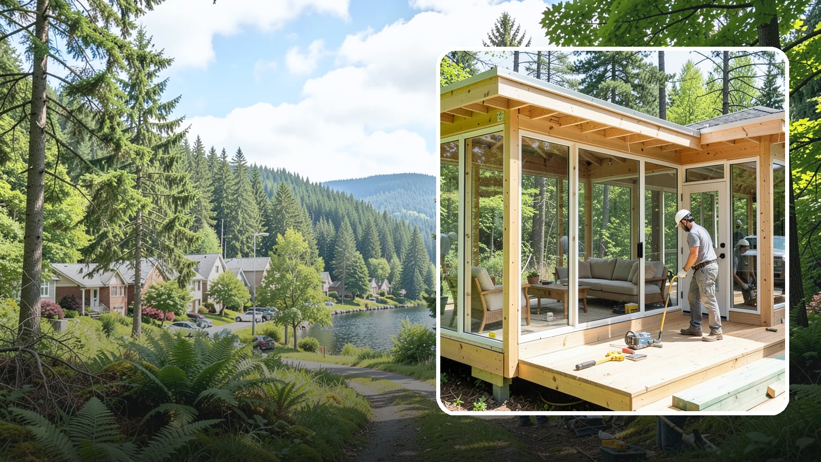 Sunroom Construction in Lake Forest Park, King County, WA - A glass-walled room addition that brings natural light and outdoor views indoors.
