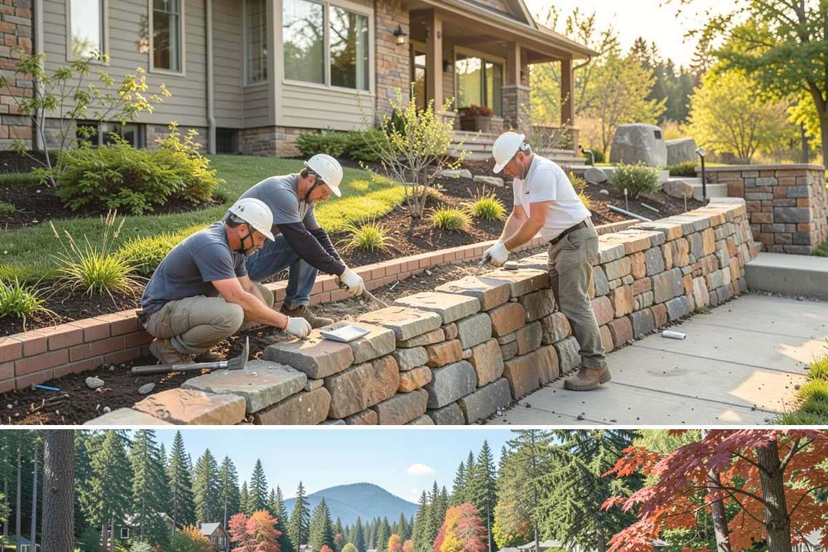 Timber Retaining Wall in Covington, King County, WA - Timber walls are best installed in drier weather so the base and backfill compact well, typically late spring through early fall.
