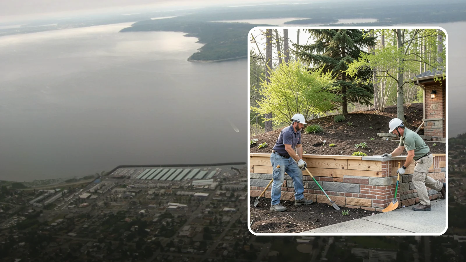 Timber Retaining Wall in Des Moines, King County, WA - Building a retaining wall from pressure-treated timbers for an economical, warm-toned solution on moderate slopes.