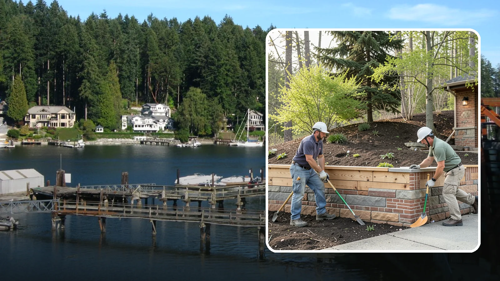 Timber Retaining Wall in Gig Harbor, Pierce County, WA - Building a retaining wall from pressure-treated timbers for an economical, warm-toned solution on moderate slopes.