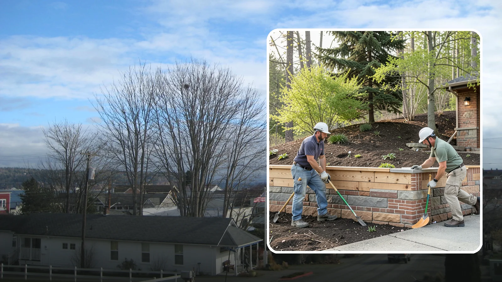 Timber Retaining Wall in Langley, Island County, WA - Building a retaining wall from pressure-treated timbers for an economical, warm-toned solution on moderate slopes.