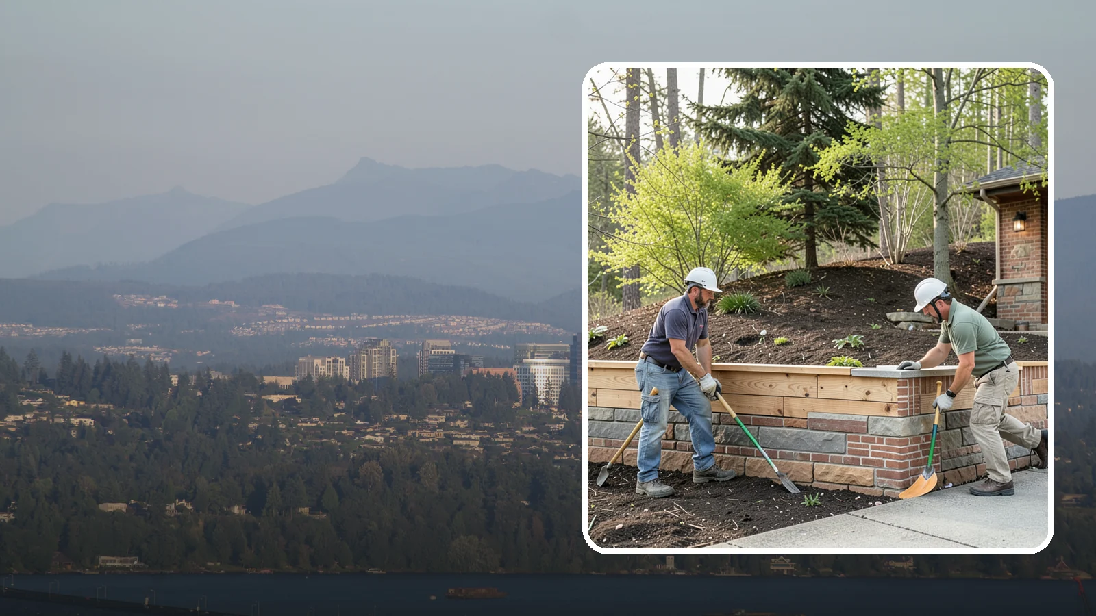 Timber Retaining Wall in Medina, King County, WA - Building a retaining wall from pressure-treated timbers for an economical, warm-toned solution on moderate slopes.