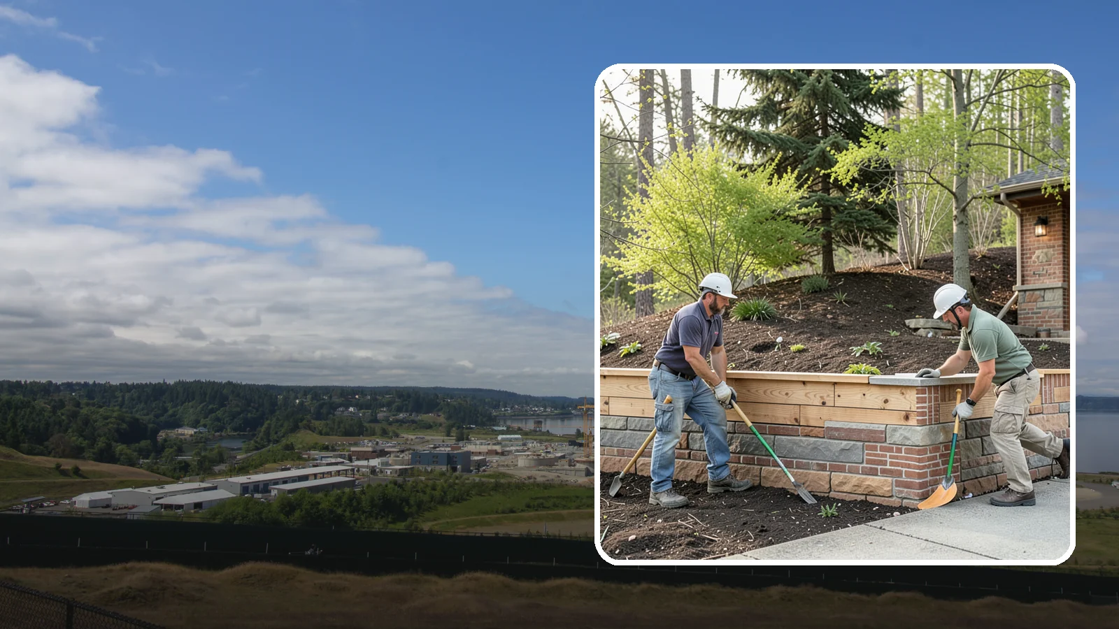 Timber Retaining Wall in University Place, Pierce County, WA - Building a retaining wall from pressure-treated timbers for an economical, warm-toned solution on moderate slopes.