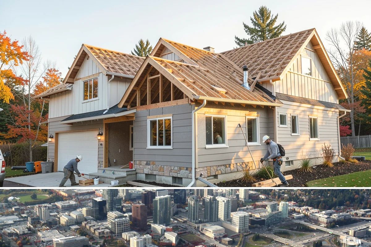Tiny Home Construction in Bellevue, King County, WA - Tiny home exterior construction is best completed in the drier months to keep the compact structure protected while it goes up.