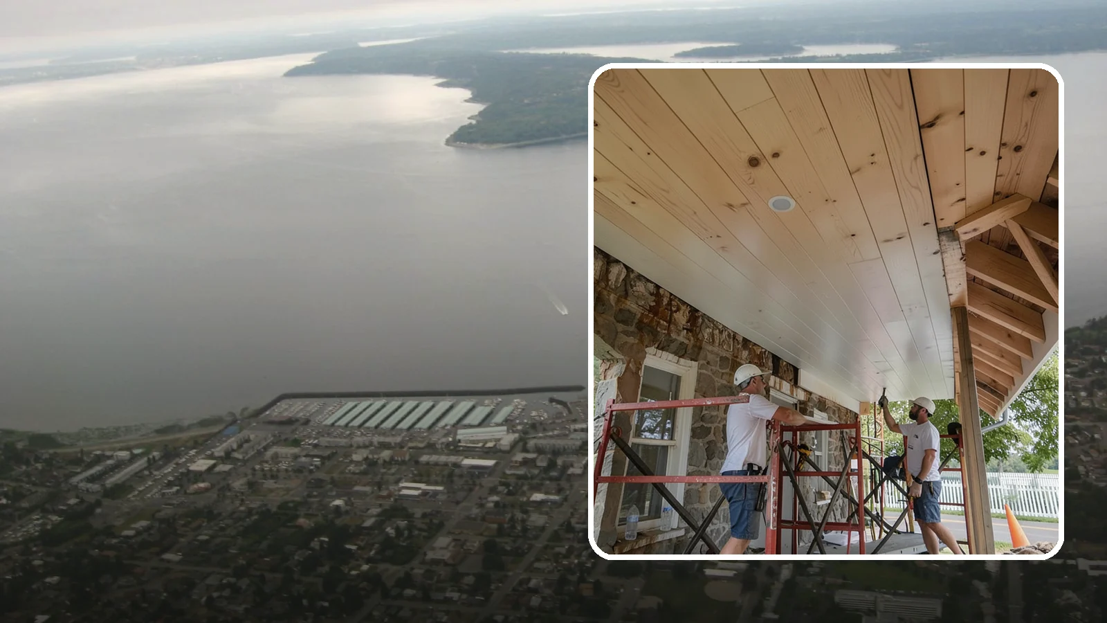 Tongue-and-Groove Ceiling in Des Moines, King County, WA - Warm tongue-and-groove ceiling installation that transforms plain overhead space into a striking wood feature.