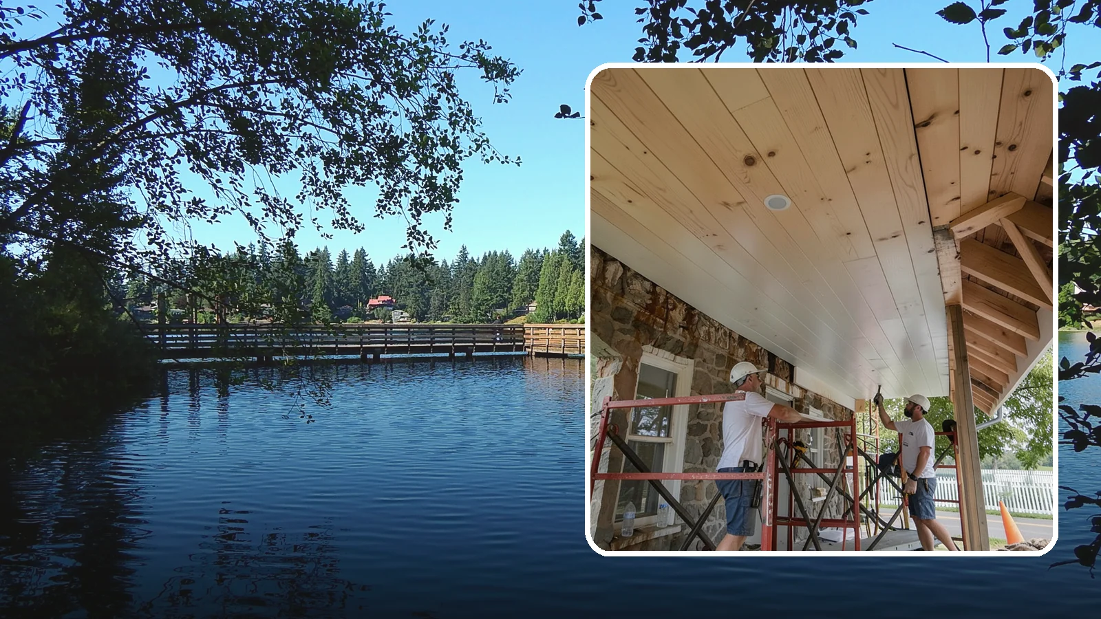 Tongue-and-Groove Ceiling in Federal Way, King County, WA - Warm tongue-and-groove ceiling installation that transforms plain overhead space into a striking wood feature.