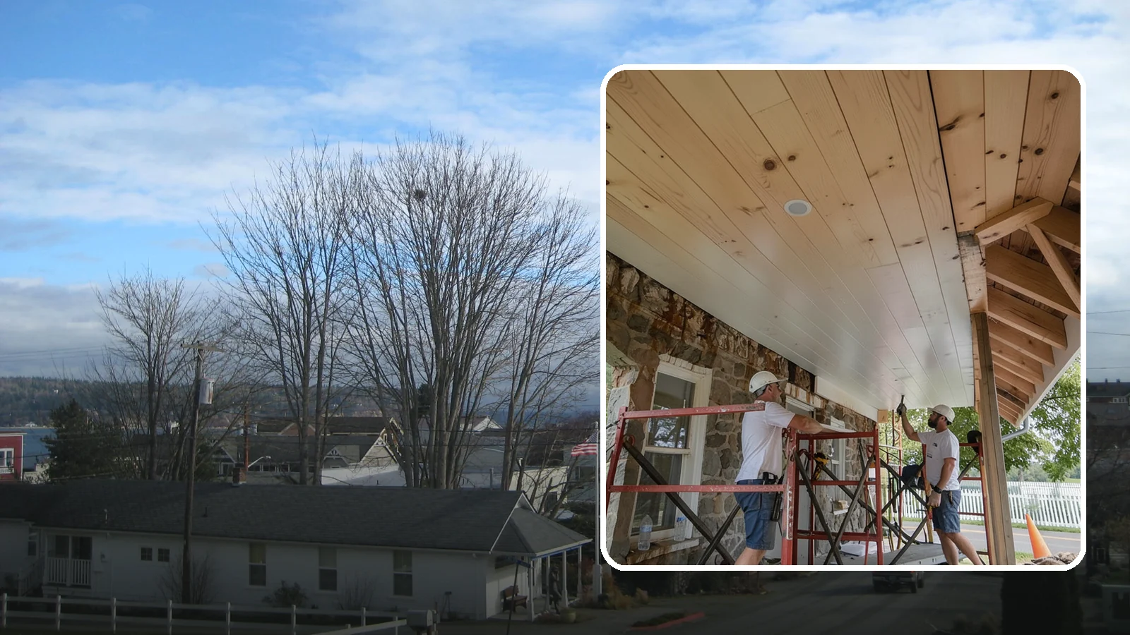 Tongue-and-Groove Ceiling in Langley, Island County, WA - Warm tongue-and-groove ceiling installation that transforms plain overhead space into a striking wood feature.