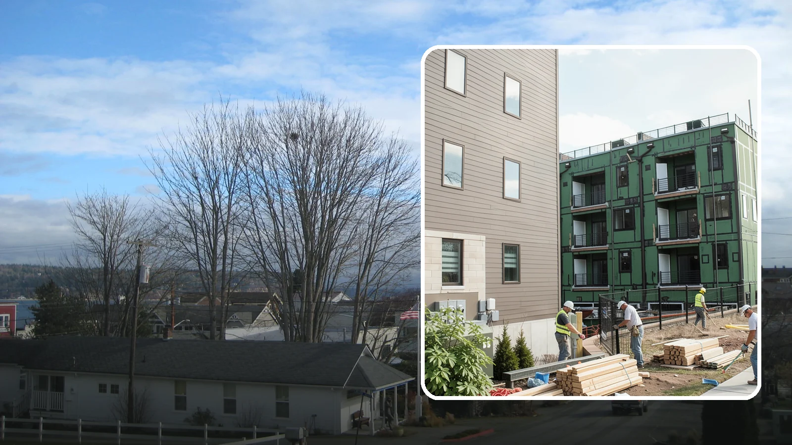 Townhome Construction in Langley, Island County, WA - Multi-unit attached townhomes designed for efficient urban and suburban infill.