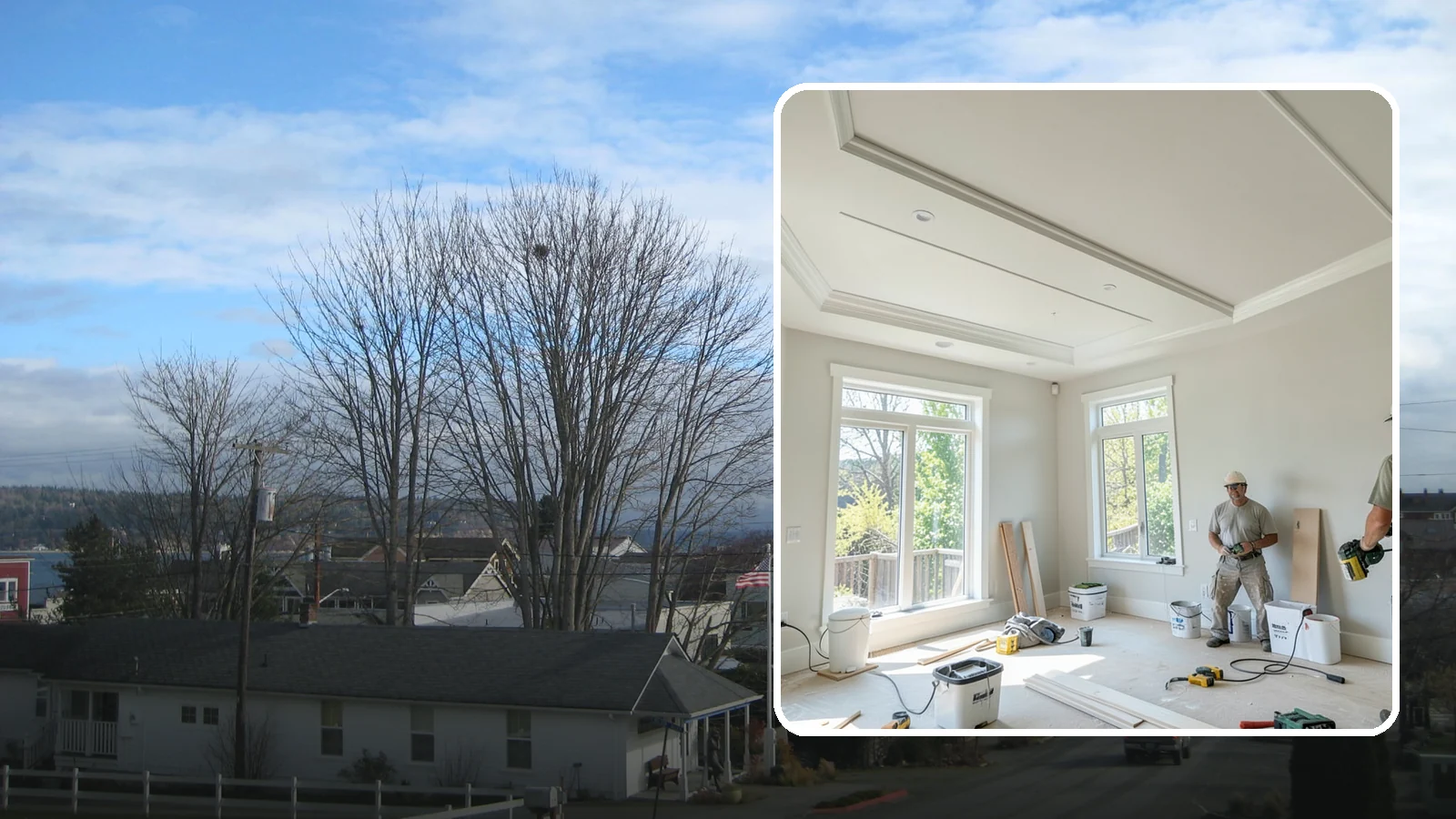 Tray Ceiling Construction in Langley, Island County, WA - A recessed tray ceiling that adds subtle height, elegance, and visual interest to a room.