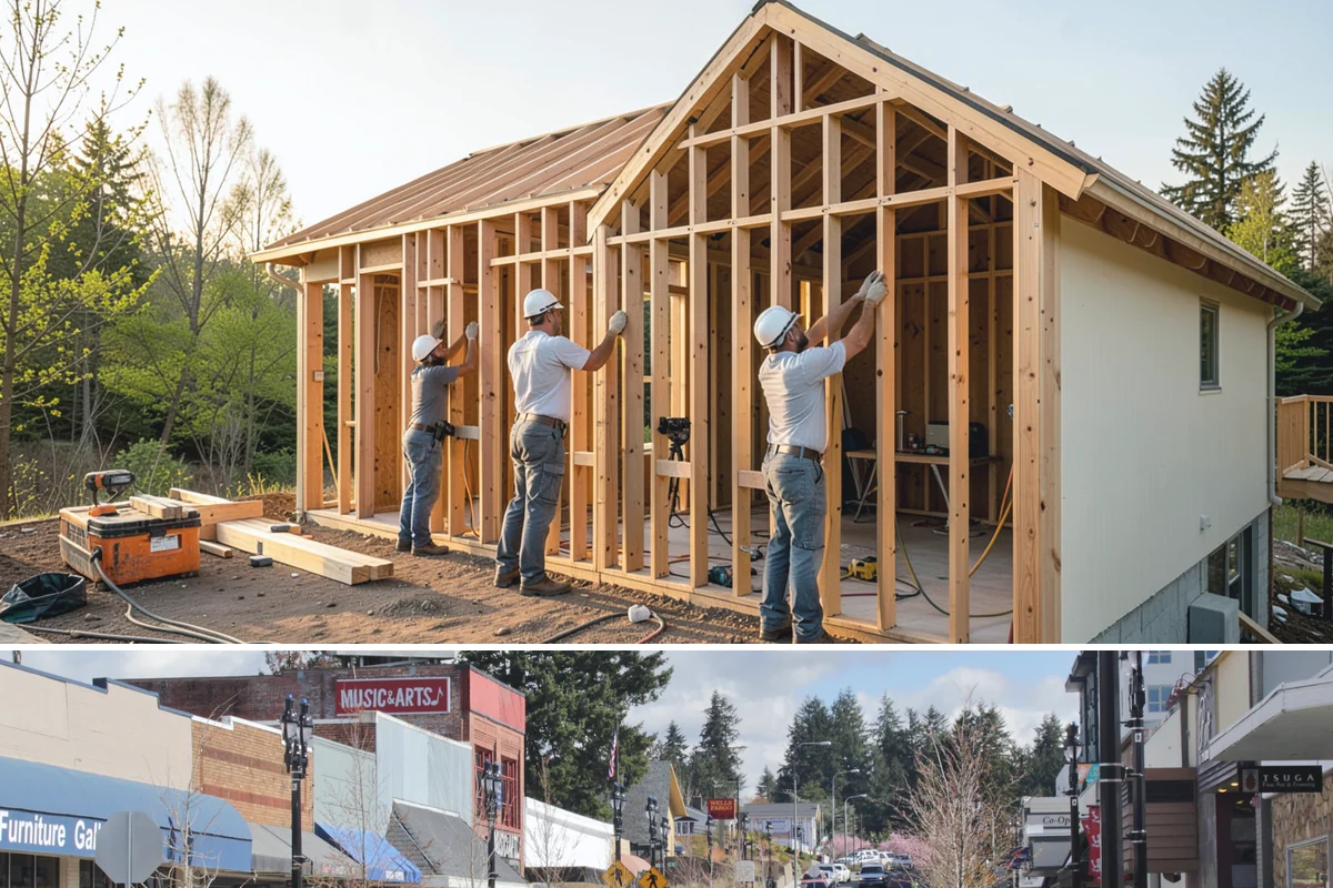 Trellis Construction in Bothell, King County, WA - Early-season installation gives finishes time to set before spring planting takes hold.
