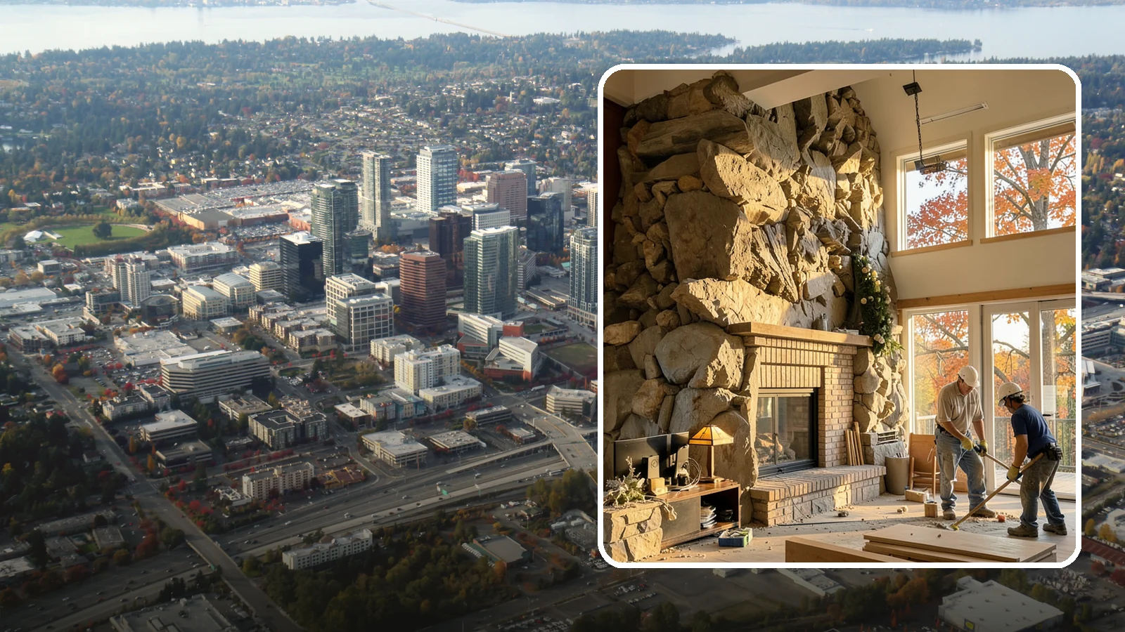 Two-Story Fireplace Construction in Bellevue, King County, WA - Dramatic floor-to-ceiling fireplaces engineered for great rooms and vaulted spaces.