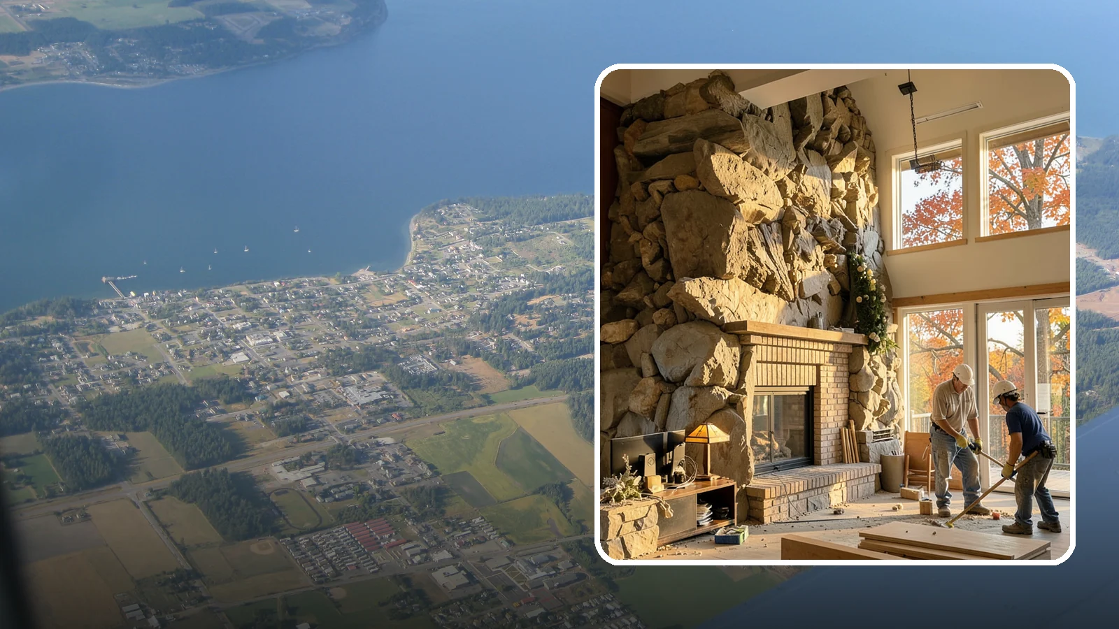 Two-Story Fireplace Construction in Coupeville, Island County, WA - Dramatic floor-to-ceiling fireplaces engineered for great rooms and vaulted spaces.
