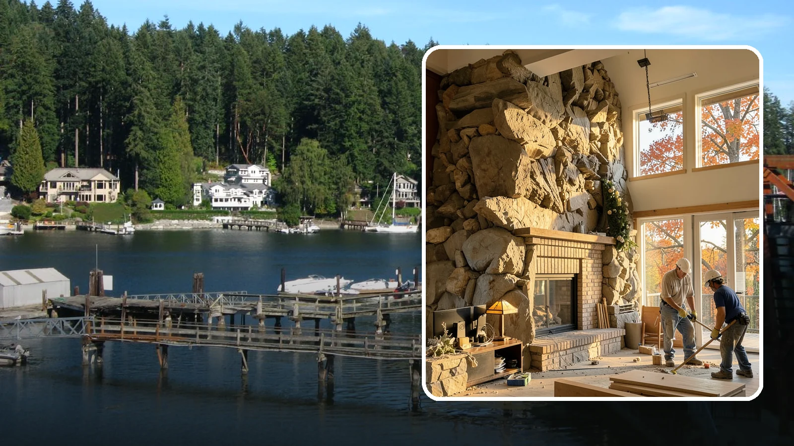 Two-Story Fireplace Construction in Gig Harbor, Pierce County, WA - Dramatic floor-to-ceiling fireplaces engineered for great rooms and vaulted spaces.