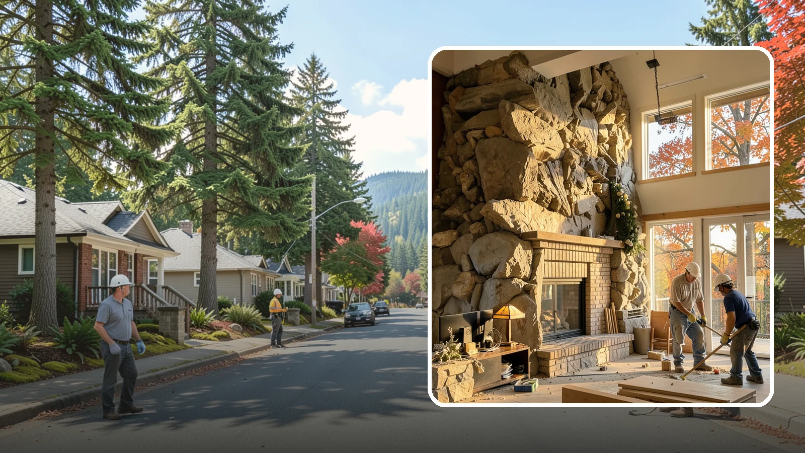 Two-Story Fireplace Construction in Hunts Point, King County, WA - Dramatic floor-to-ceiling fireplaces engineered for great rooms and vaulted spaces.