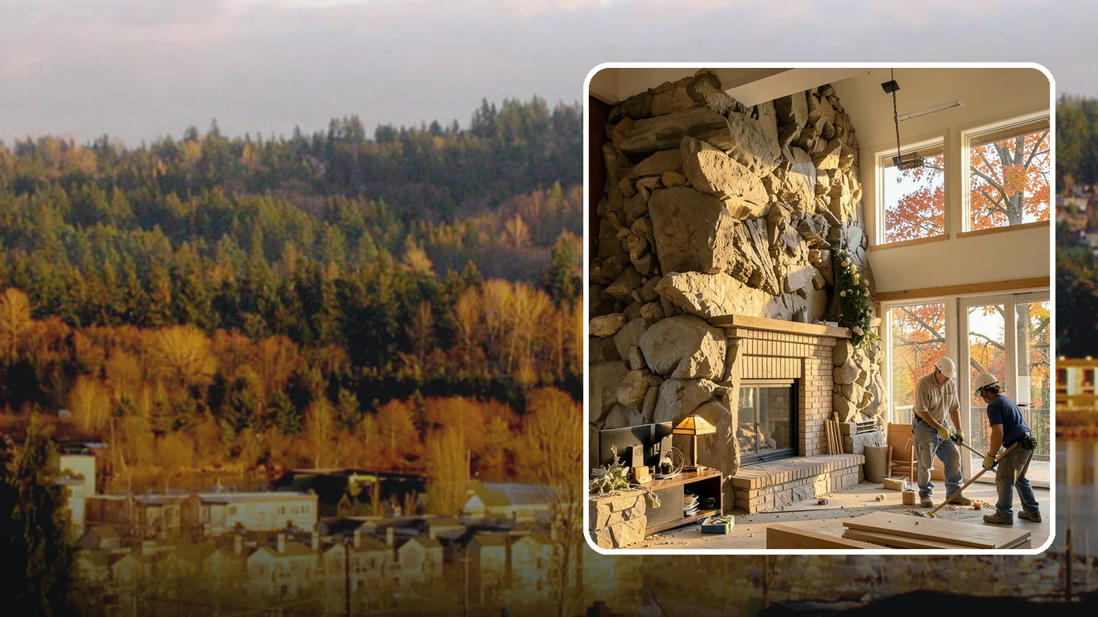 Two-Story Fireplace Construction in Kenmore, King County, WA - Dramatic floor-to-ceiling fireplaces engineered for great rooms and vaulted spaces.
