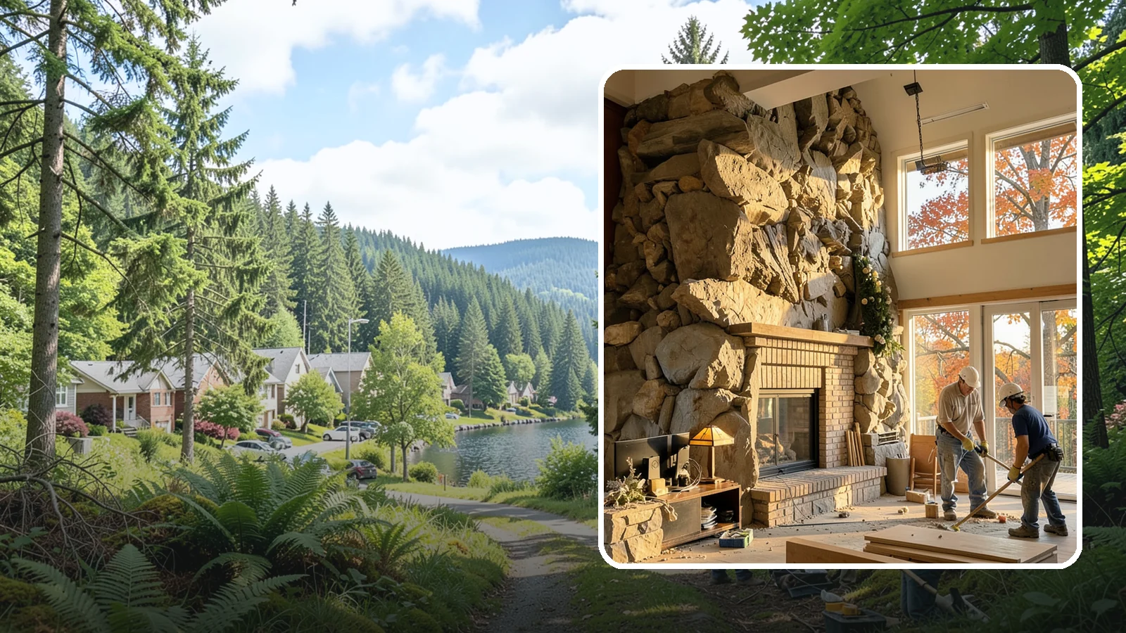 Two-Story Fireplace Construction in Lake Forest Park, King County, WA - Dramatic floor-to-ceiling fireplaces engineered for great rooms and vaulted spaces.