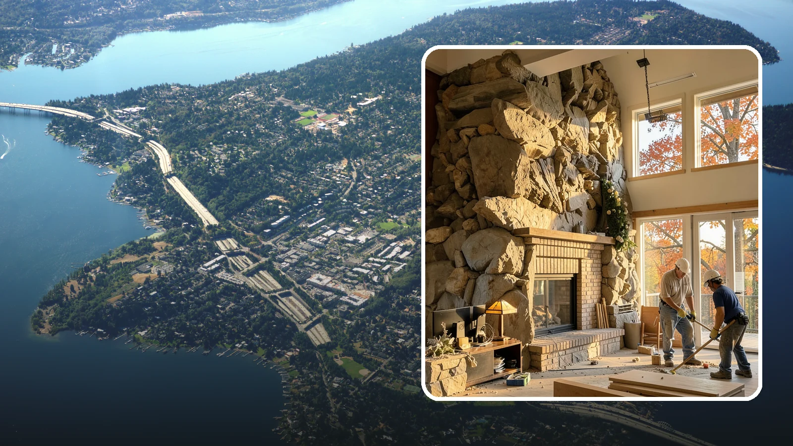 Two-Story Fireplace Construction in Mercer Island, King County, WA - Dramatic floor-to-ceiling fireplaces engineered for great rooms and vaulted spaces.