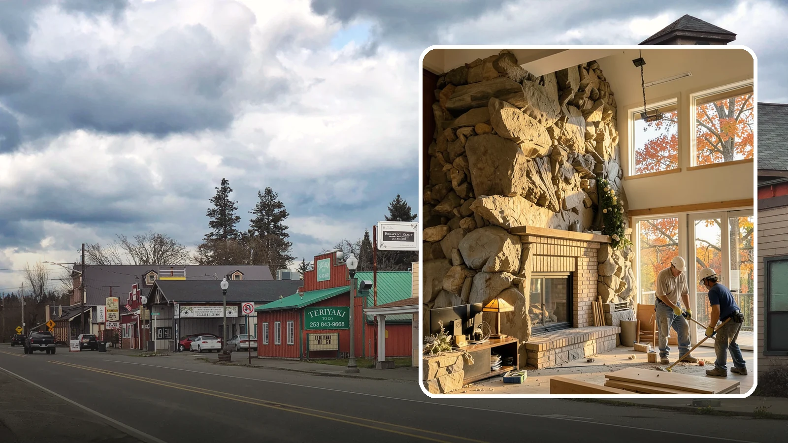 Two-Story Fireplace Construction in Roy, Pierce County, WA - Dramatic floor-to-ceiling fireplaces engineered for great rooms and vaulted spaces.