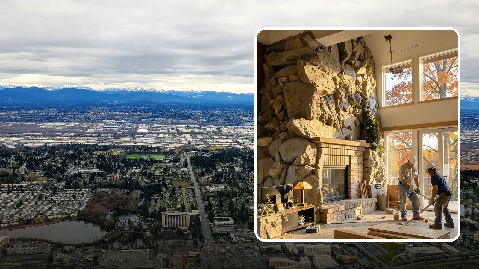 Two-Story Fireplace Construction in SeaTac, King County, WA - Dramatic floor-to-ceiling fireplaces engineered for great rooms and vaulted spaces.