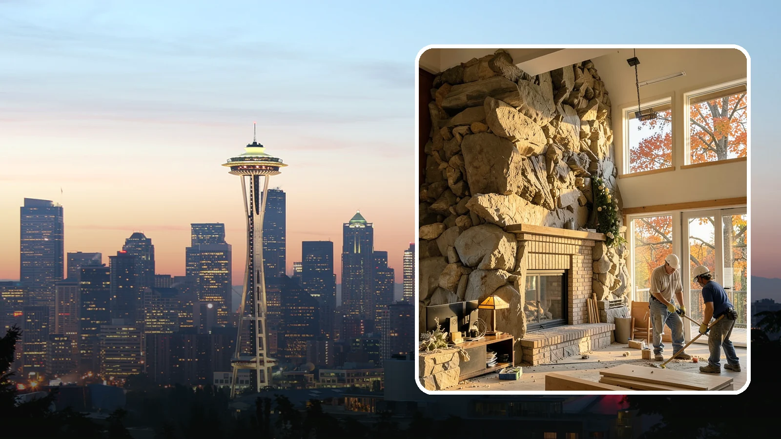 Two-Story Fireplace Construction in Seattle, King County, WA - Dramatic floor-to-ceiling fireplaces engineered for great rooms and vaulted spaces.