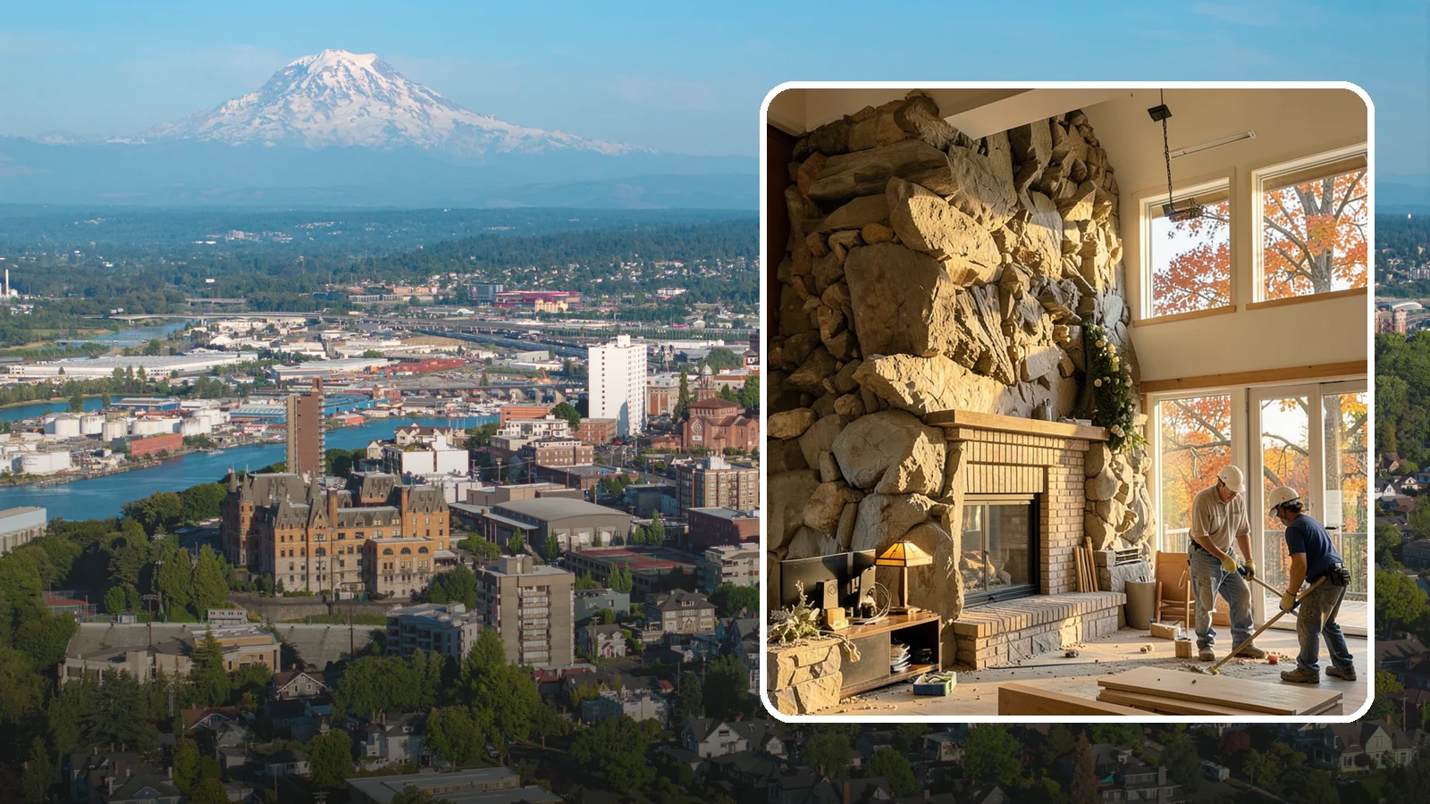 Two-Story Fireplace Construction in Tacoma, Pierce County, WA - Dramatic floor-to-ceiling fireplaces engineered for great rooms and vaulted spaces.