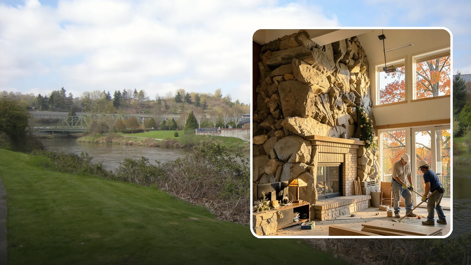 Two-Story Fireplace Construction in Tukwila, King County, WA - Dramatic floor-to-ceiling fireplaces engineered for great rooms and vaulted spaces.