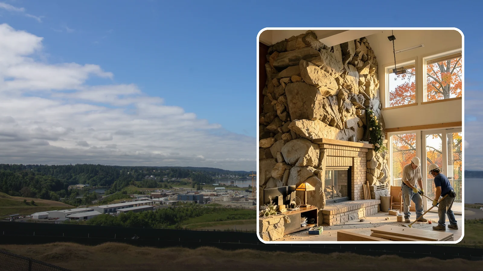 Two-Story Fireplace Construction in University Place, Pierce County, WA - Dramatic floor-to-ceiling fireplaces engineered for great rooms and vaulted spaces.