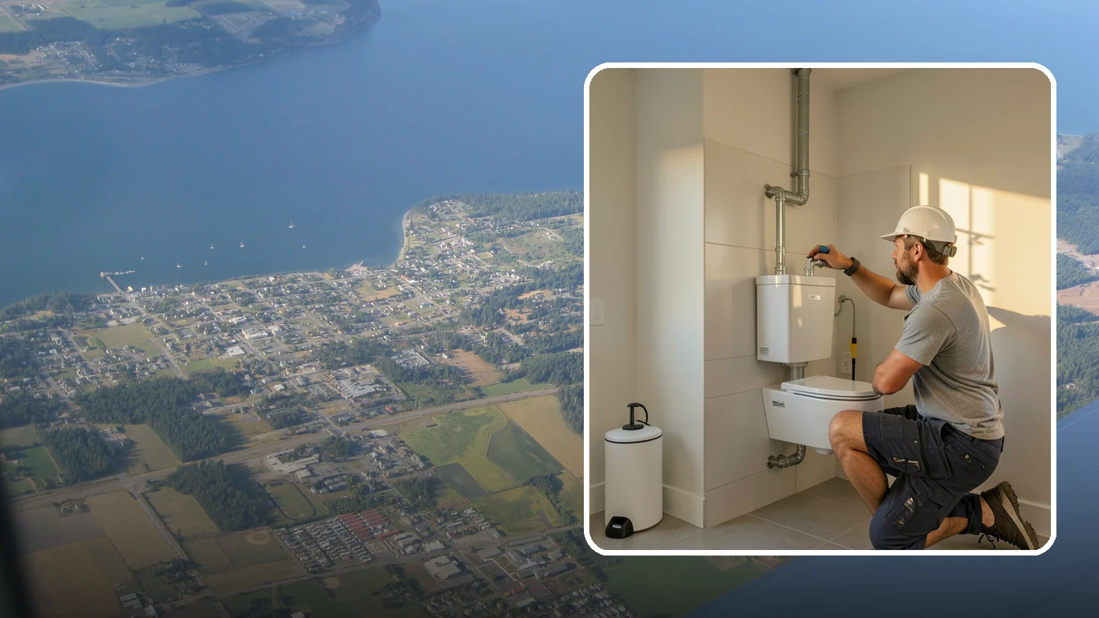 Wall-Hung Toilet Installation in Coupeville, Island County, WA - A wall-hung toilet installation mounts the bowl to a concealed in-wall tank for a clean, minimal look.