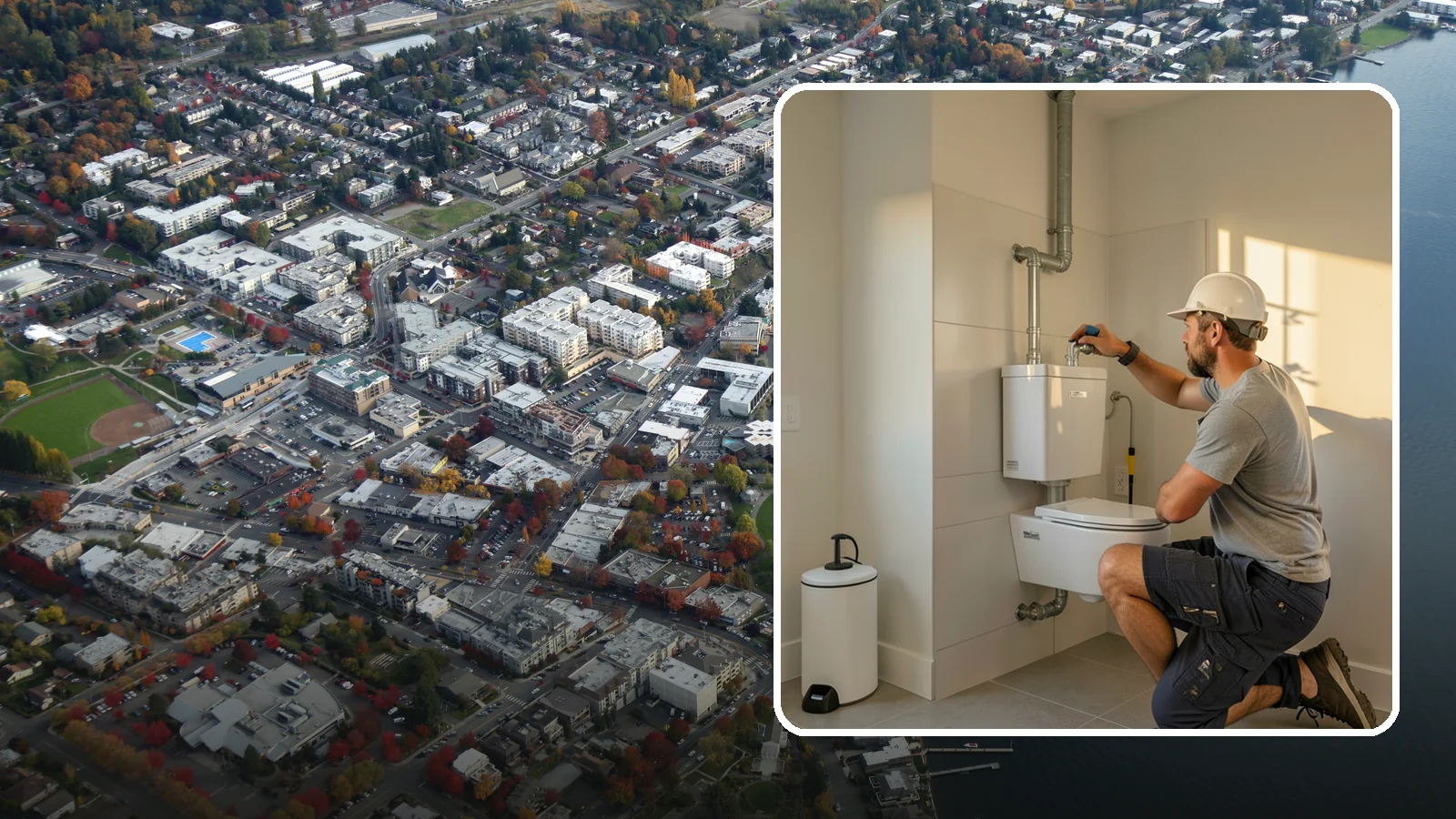 Wall-Hung Toilet Installation in Kirkland, King County, WA - A wall-hung toilet installation mounts the bowl to a concealed in-wall tank for a clean, minimal look.