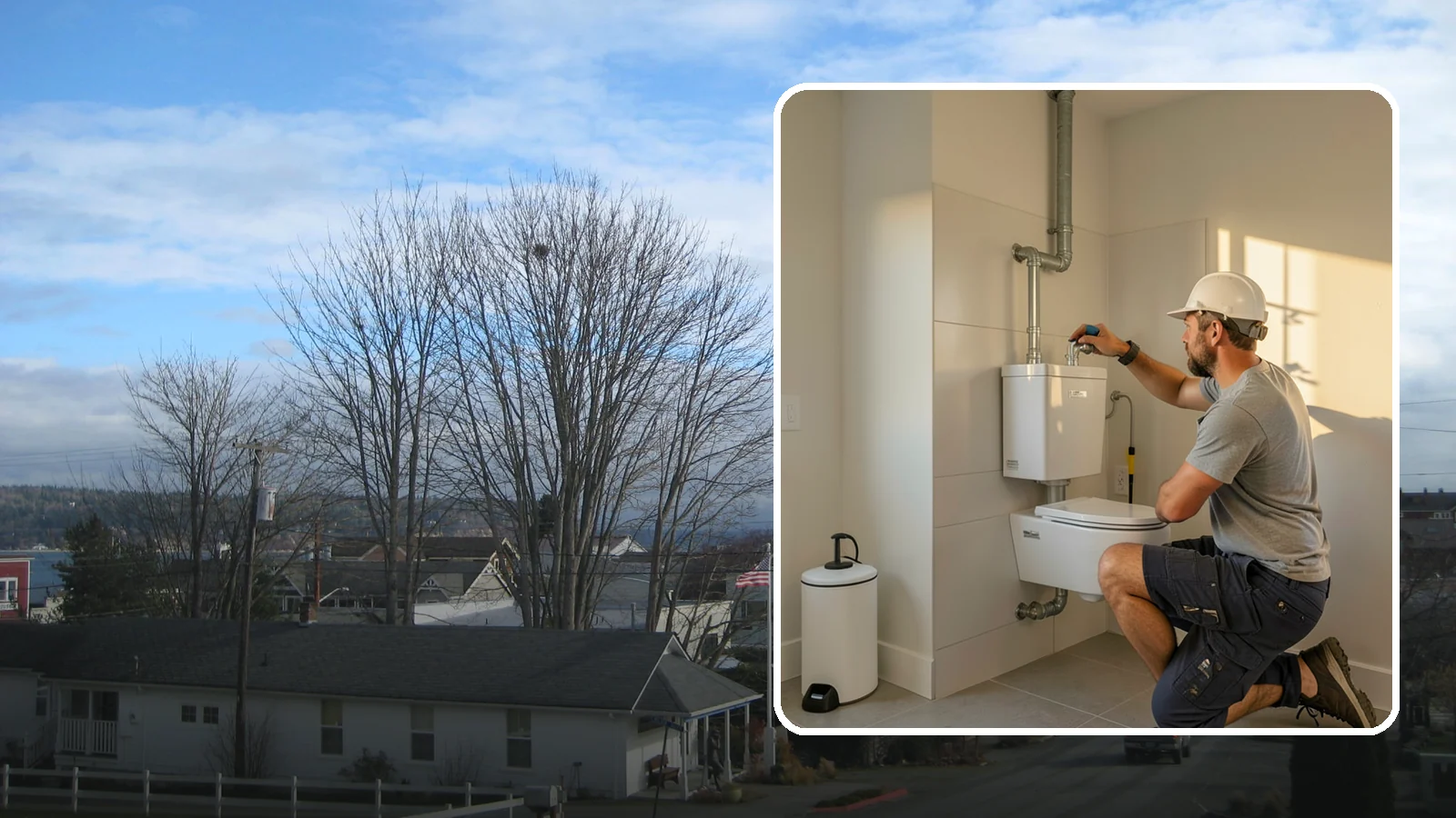 Wall-Hung Toilet Installation in Langley, Island County, WA - A wall-hung toilet installation mounts the bowl to a concealed in-wall tank for a clean, minimal look.