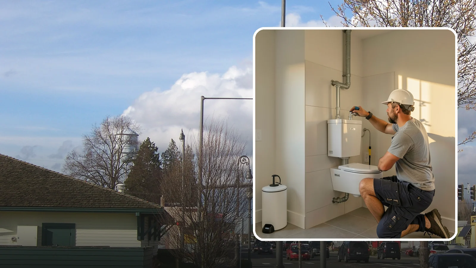 Wall-Hung Toilet Installation in Marysville, Snohomish County, WA - A wall-hung toilet installation mounts the bowl to a concealed in-wall tank for a clean, minimal look.