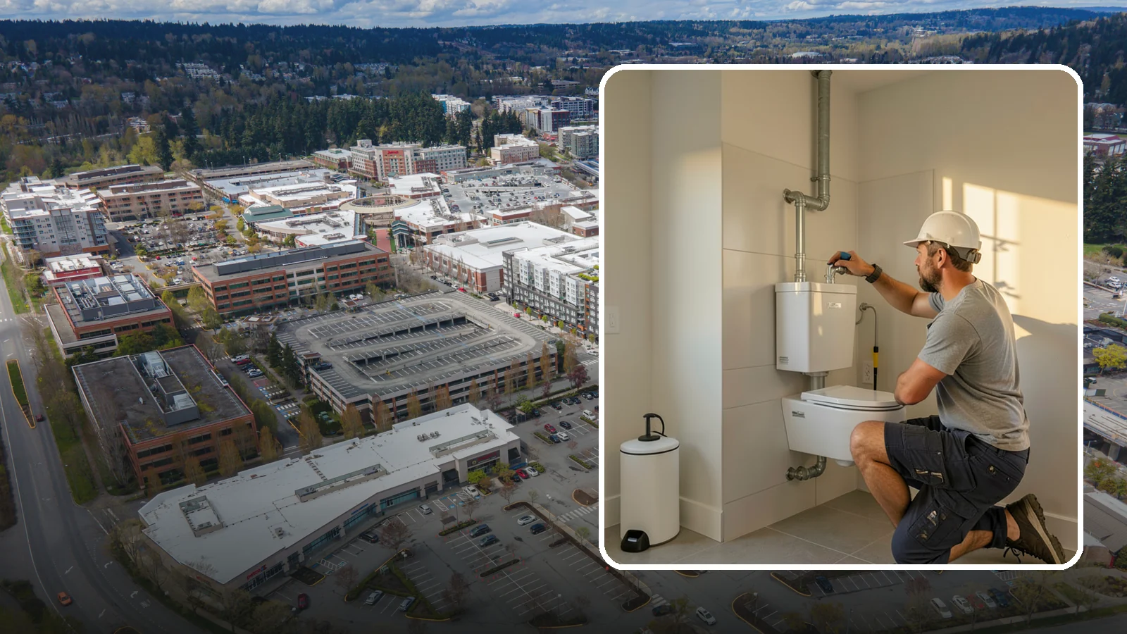 Wall-Hung Toilet Installation in Redmond, King County, WA - A wall-hung toilet installation mounts the bowl to a concealed in-wall tank for a clean, minimal look.