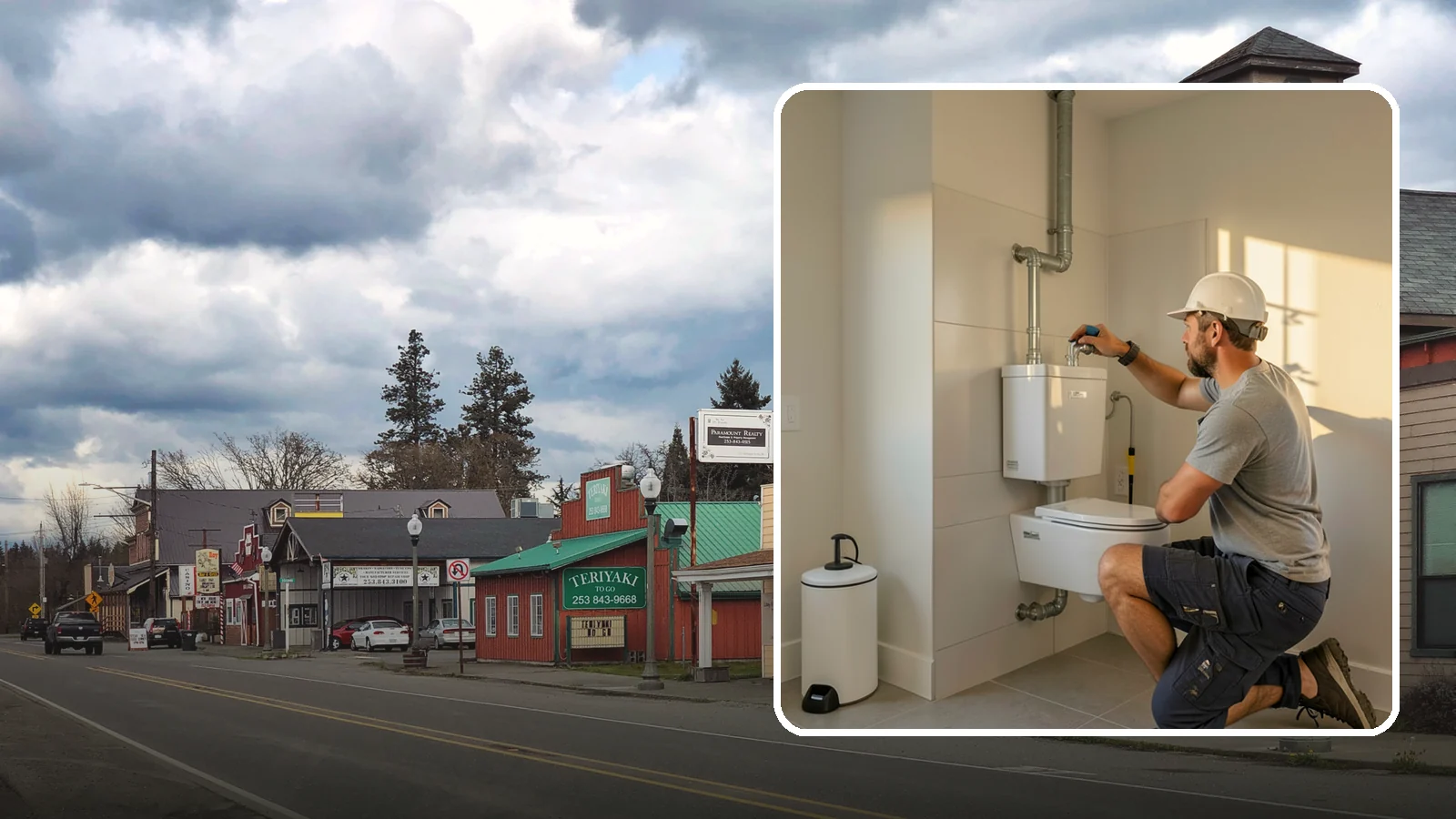 Wall-Hung Toilet Installation in Roy, Pierce County, WA - A wall-hung toilet installation mounts the bowl to a concealed in-wall tank for a clean, minimal look.