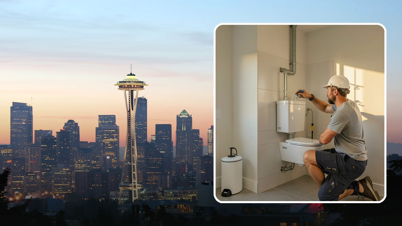 Wall-Hung Toilet Installation in Seattle, King County, WA - A wall-hung toilet installation mounts the bowl to a concealed in-wall tank for a clean, minimal look.