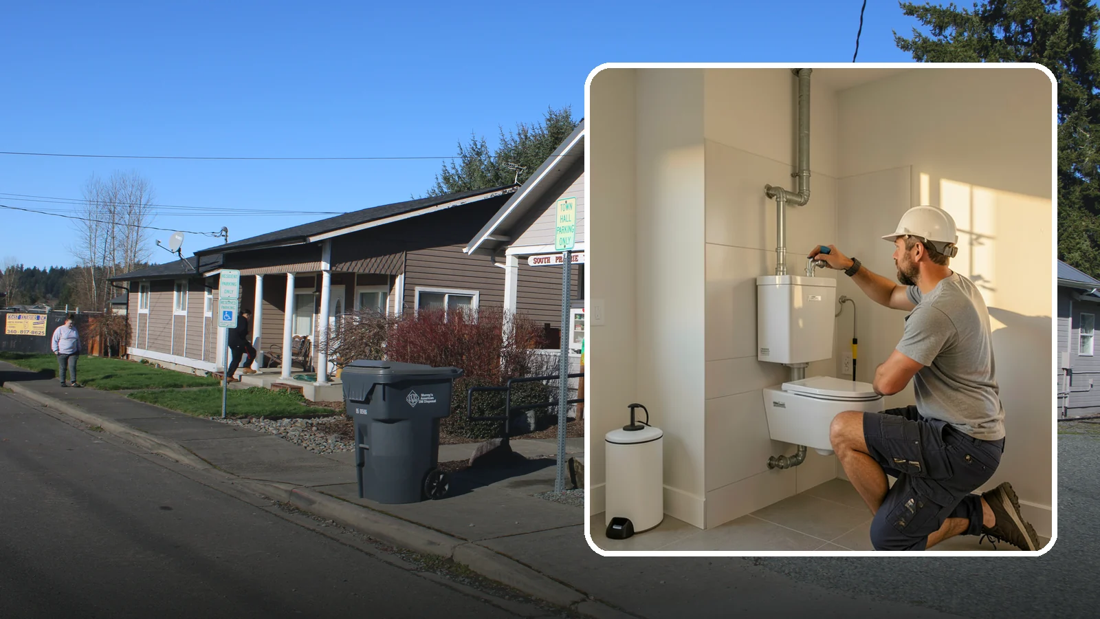 Wall-Hung Toilet Installation in South Prairie, Pierce County, WA - A wall-hung toilet installation mounts the bowl to a concealed in-wall tank for a clean, minimal look.