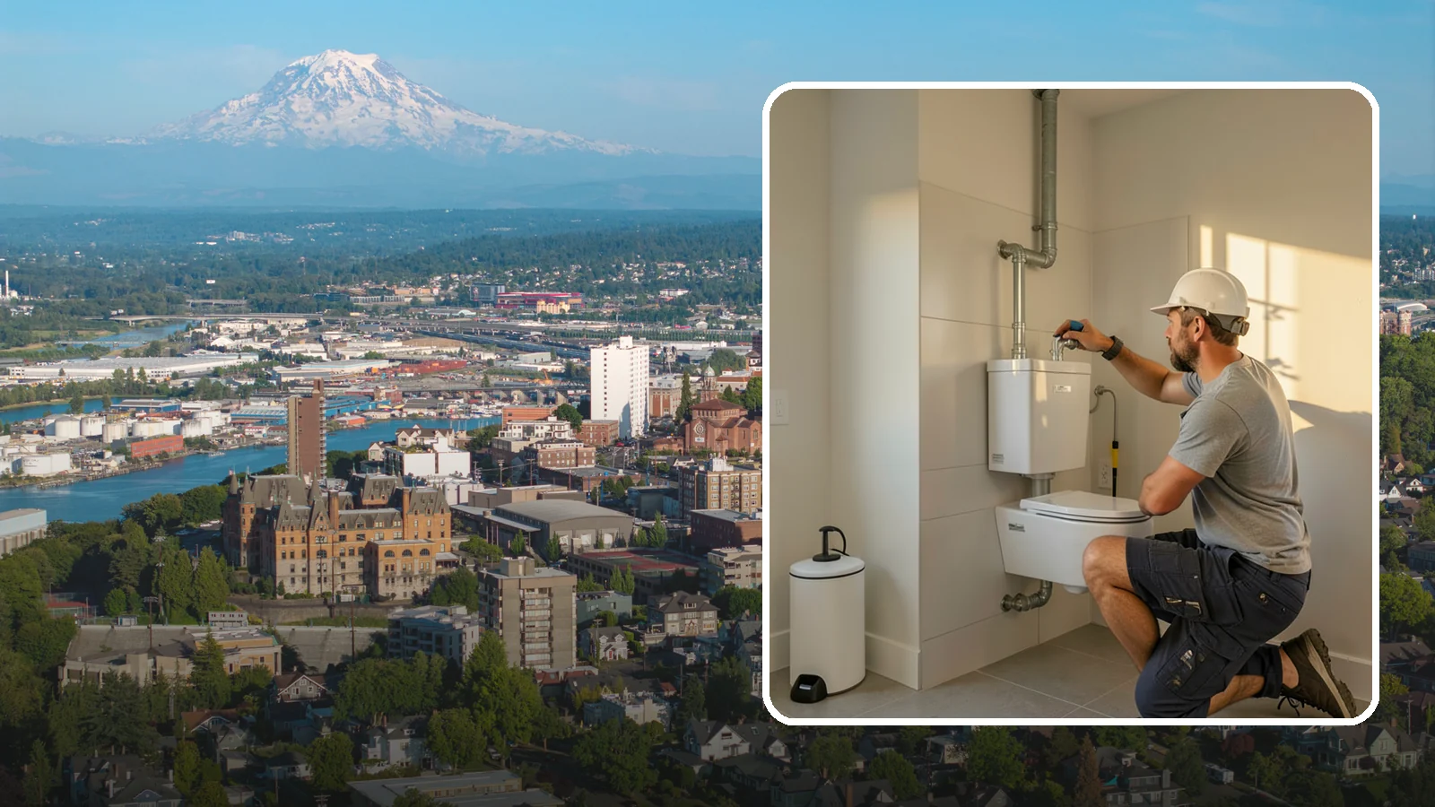 Wall-Hung Toilet Installation in Tacoma, Pierce County, WA - A wall-hung toilet installation mounts the bowl to a concealed in-wall tank for a clean, minimal look.