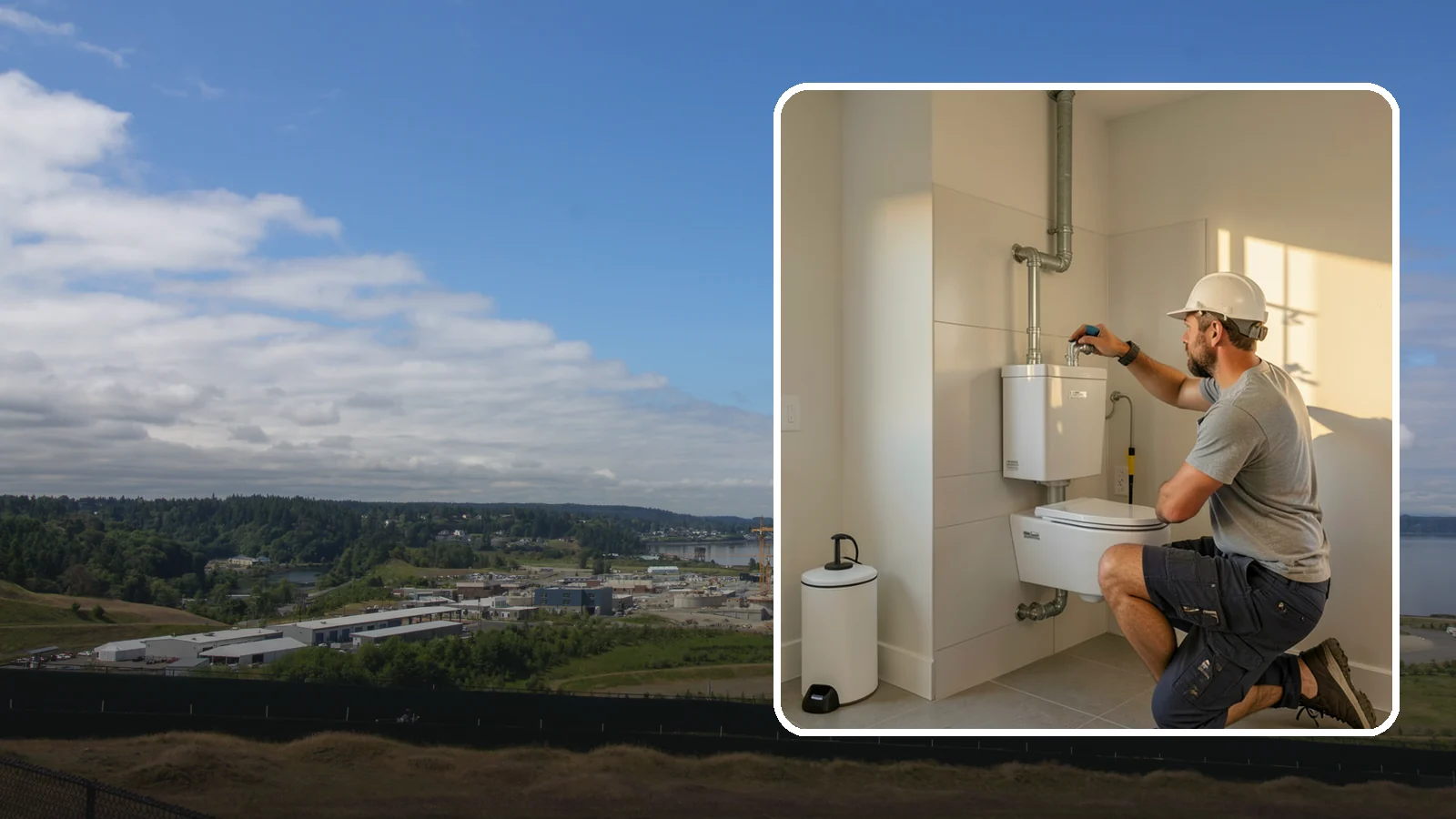 Wall-Hung Toilet Installation in University Place, Pierce County, WA - A wall-hung toilet installation mounts the bowl to a concealed in-wall tank for a clean, minimal look.