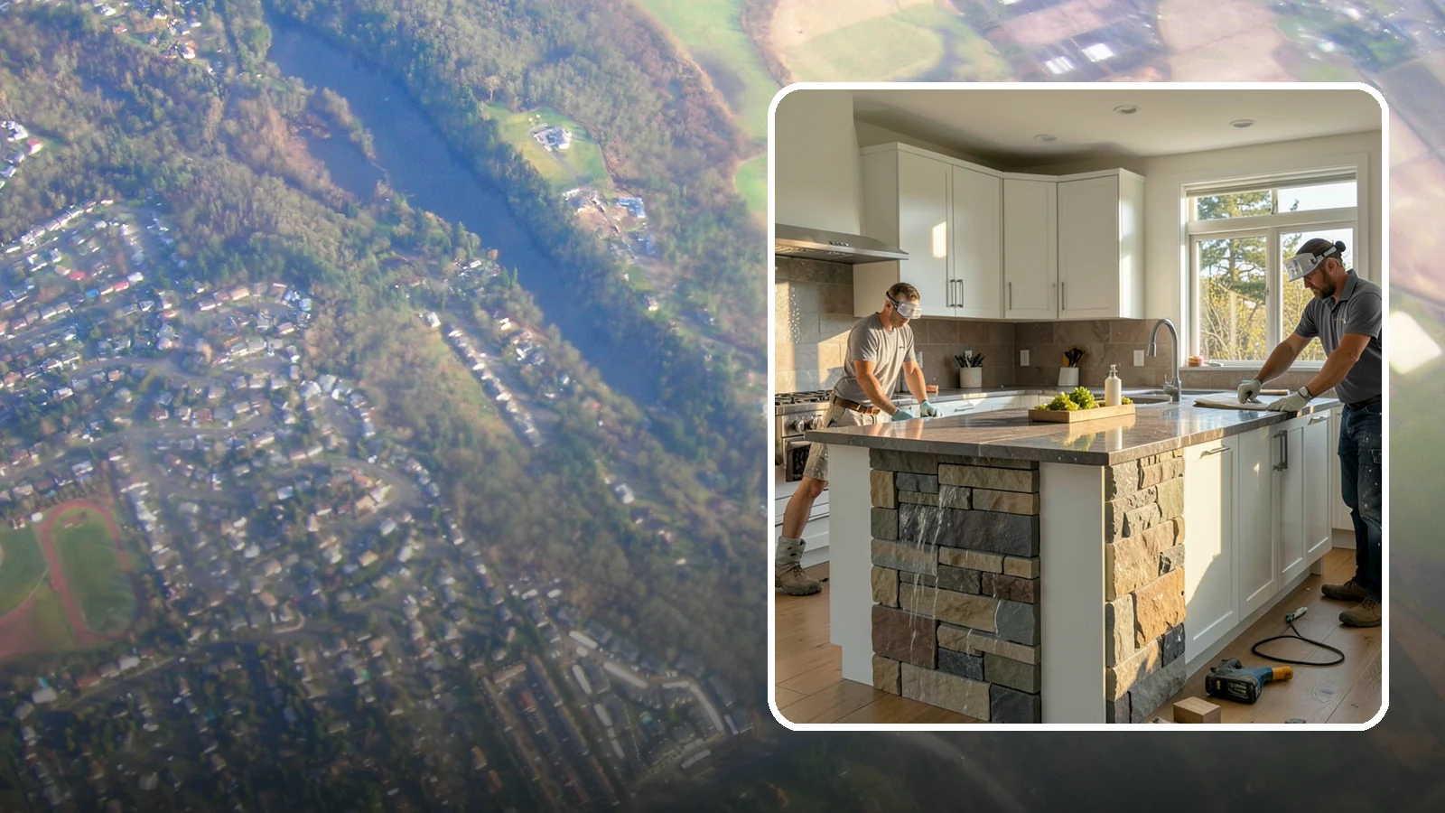 Waterfall Countertop Installation in Algona, King County, WA - Statement waterfall countertop installation where the surface material cascades vertically down the island sides.