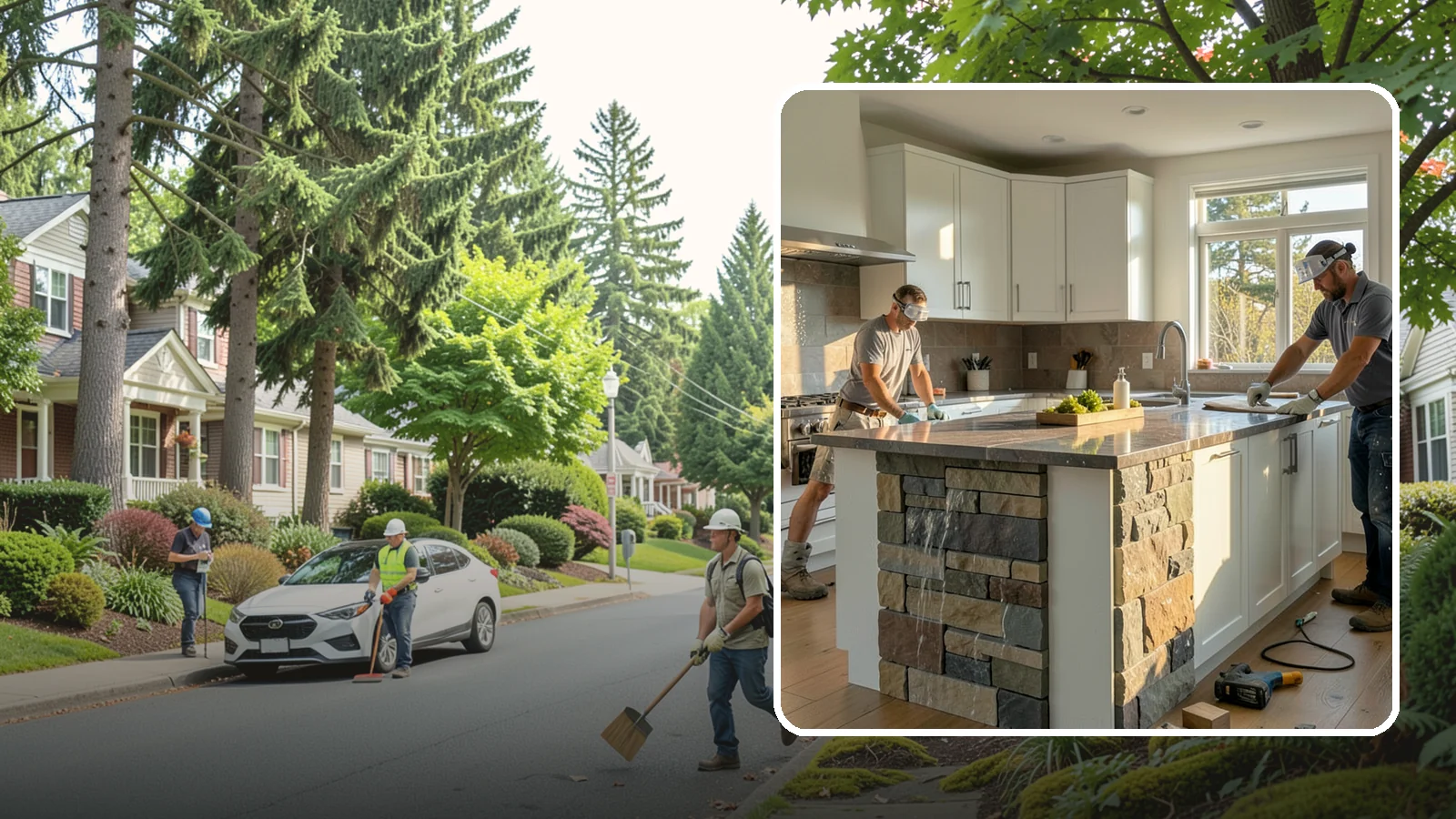 Waterfall Countertop Installation in Beaux Arts Village, King County, WA - Statement waterfall countertop installation where the surface material cascades vertically down the island sides.