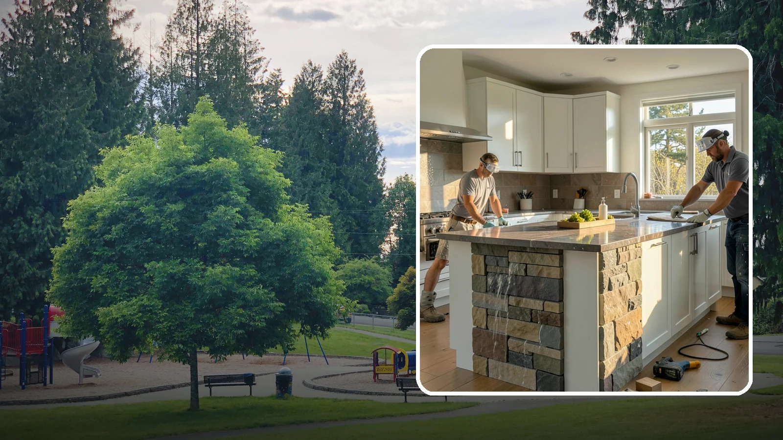 Waterfall Countertop Installation in Bonney Lake, Pierce County, WA - Statement waterfall countertop installation where the surface material cascades vertically down the island sides.