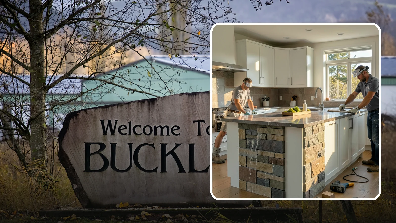 Waterfall Countertop Installation in Buckley, Pierce County, WA - Statement waterfall countertop installation where the surface material cascades vertically down the island sides.