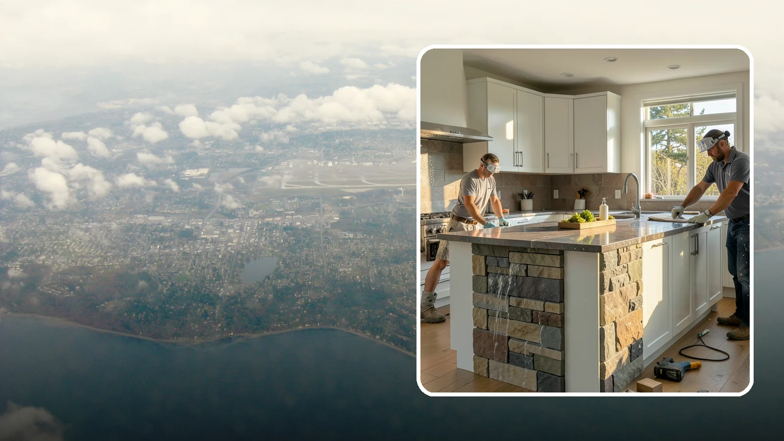 Waterfall Countertop Installation in Burien, King County, WA - Statement waterfall countertop installation where the surface material cascades vertically down the island sides.
