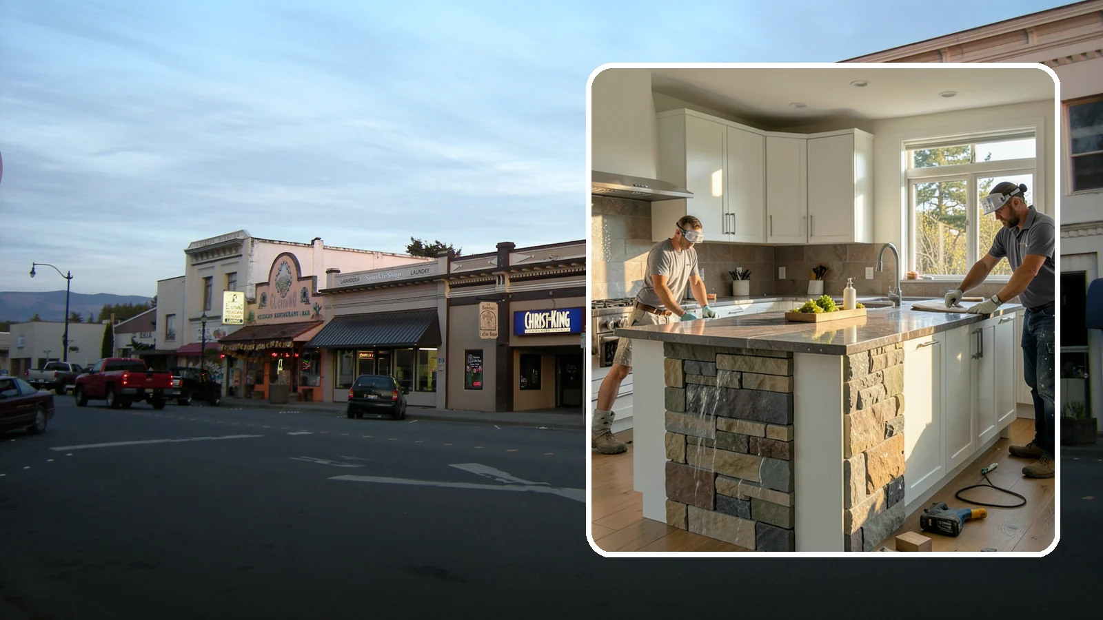 Waterfall Countertop Installation in Burlington, Skagit County, WA - Statement waterfall countertop installation where the surface material cascades vertically down the island sides.