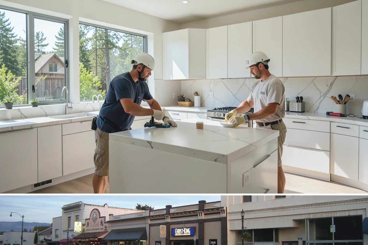 Waterfall Countertop Installation in Burlington, Skagit County, WA - Waterfall countertops install indoors year-round, so the PNW climate never delays your island upgrade.