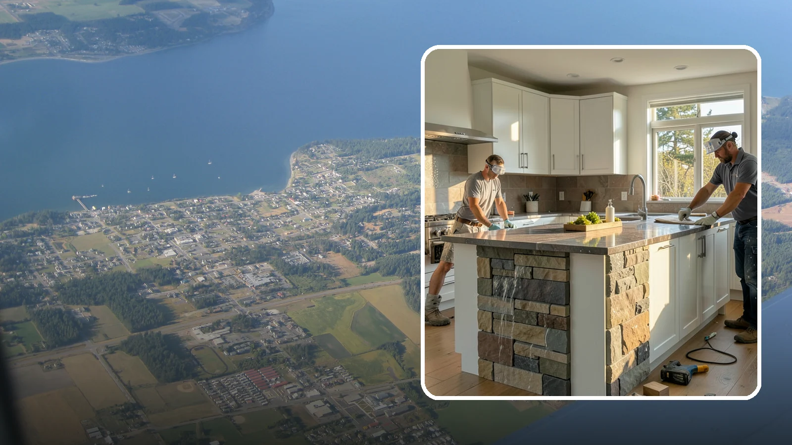 Waterfall Countertop Installation in Coupeville, Island County, WA - Statement waterfall countertop installation where the surface material cascades vertically down the island sides.